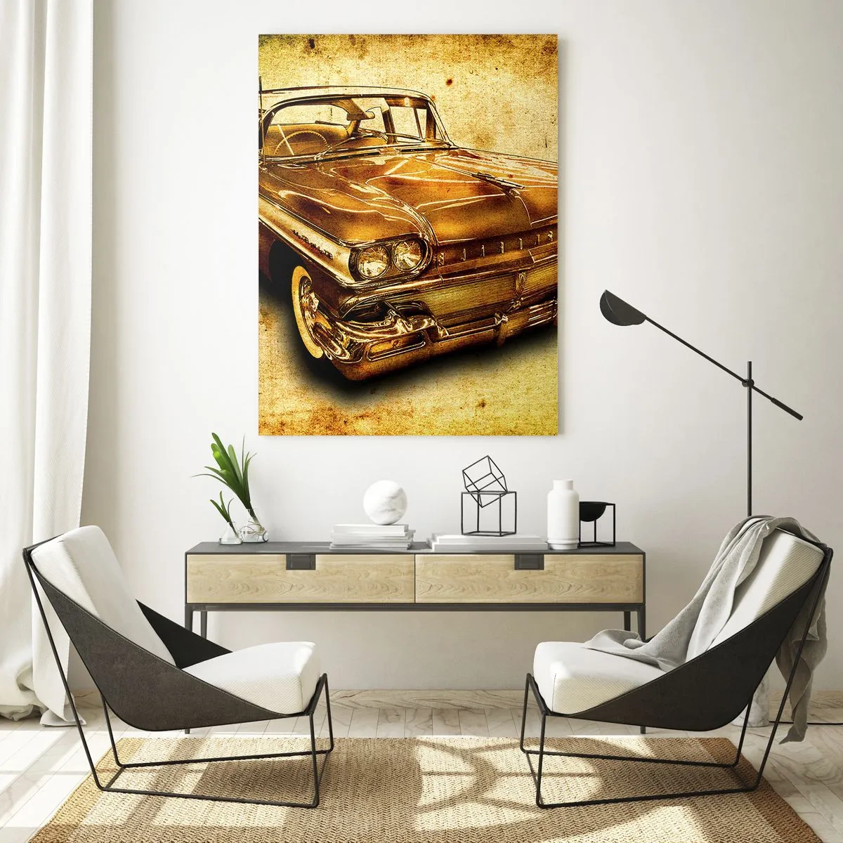 Quadro su vetro - Un'auto retrò classica dorata su uno sfondo vintage con effetto invecchiato. - 70x100cm - La bellezza eterna della classicità - Decorazione murale moderna per soggiorno e camera da letto ARTTOR