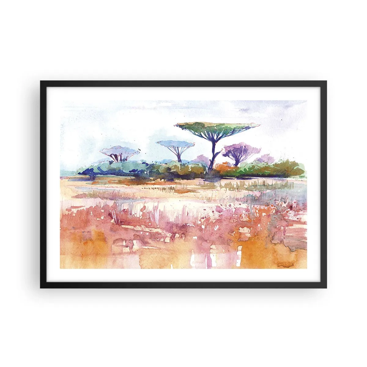 Poster in cornice nera - Un pittoresco paesaggio di savana con colori ad acquerello - 70x50cm - I colori della savana - Decorazione murale moderna per soggiorno e camera da letto ARTTOR