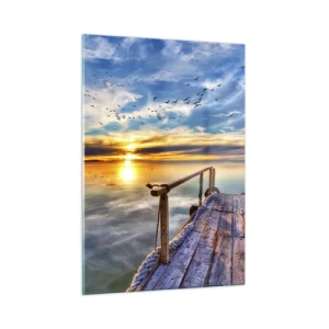 Quadro su vetro - Molo sul lago al tramonto con uccelli nel cielo - 50x70cm - Il vento è andato a dormire - Decorazione murale moderna per soggiorno e camera da letto ARTTOR