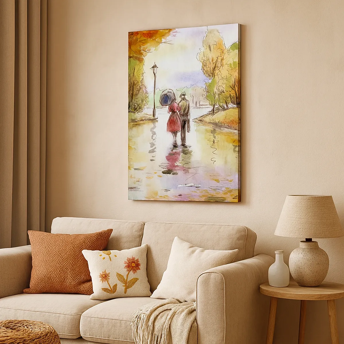 Quadro su tela - Stampe su Tela - Una passeggiata nel parco autunnale con l'ombrello - 50x70cm - Autunno romantico nel parco - Decorazione murale moderna per soggiorno e camera da letto ARTTOR