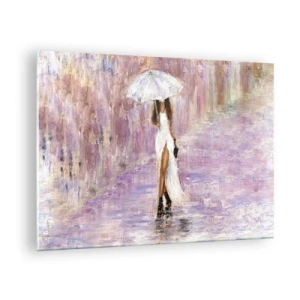 Quadro su vetro - Figura di una donna con un ombrello in una scena di pioggia lilla - 70x50cm - Nella pioggia lilla - Decorazione murale moderna per soggiorno e camera da letto ARTTOR