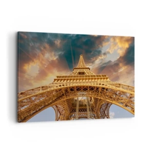 Quadro su tela - Stampe su Tela - La Torre Eiffel dal basso sullo sfondo del sole al tramonto - 120x80cm - Come gli uomini hanno raggiunto il cielo - Decorazione murale moderna per soggiorno e camera da letto ARTTOR