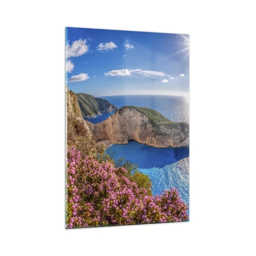 Quadro su vetro - Una scogliera con fiori, un mare turchese e un soleggiato paesaggio greco - 80x120cm - Le mie grosse vacanze greche - Decorazione murale moderna per soggiorno e camera da letto ARTTOR