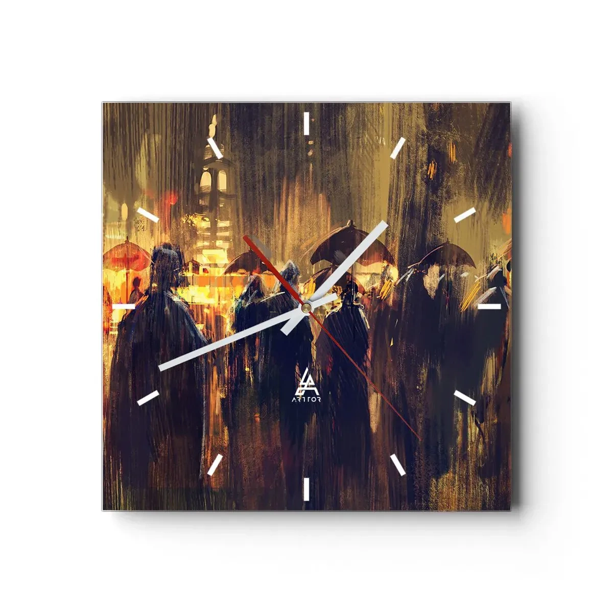 Orologio da parete - Orologio in Vetro - Figure con ombrelli in una città piovosa di notte - 30x30cm - Gli adoratori della pioggia - Decorazione murale moderna per soggiorno e camera da letto ARTTOR