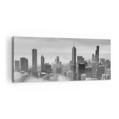 Quadro su tela - Stampe su Tela - Panorama della città con grattacieli tra le nuvole in bianco e nero - 120x50cm - Paesaggio americano - Decorazione murale moderna per soggiorno e camera da letto ARTTOR