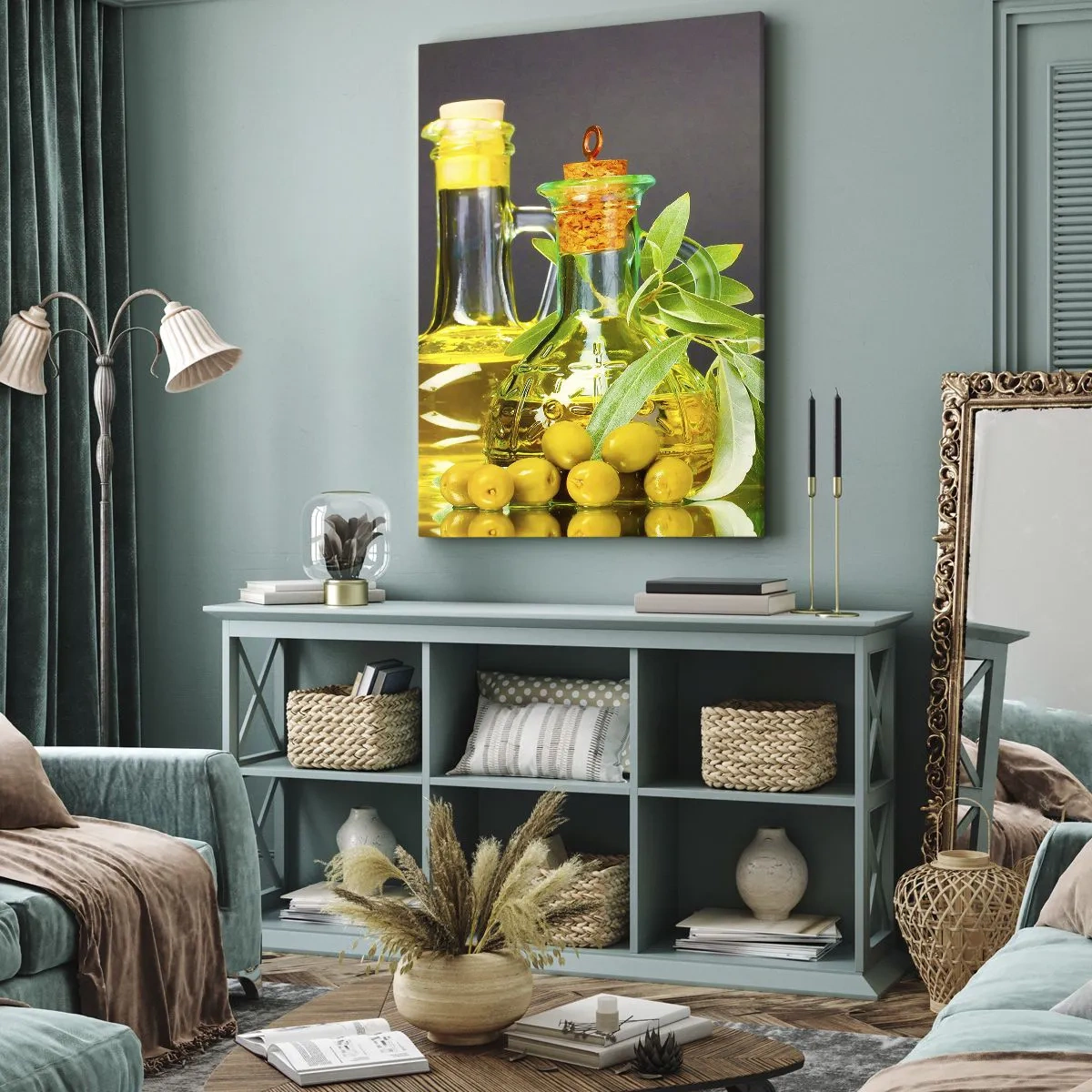 Quadro su tela - Stampe su Tela - Bottiglie di olio d'oliva e rami di ulivo - 70x100cm - Natura morta con olive e olio - Decorazione murale moderna per soggiorno e camera da letto ARTTOR