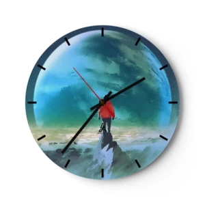 Orologio da parete - Orologio in Vetro - Una figura sulla cima di una montagna che domina un pianeta verde - 30x30cm - Scopritore di una nuova terra - Decorazione murale moderna per soggiorno, cucina e camera da letto ARTTOR