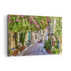 Quadro su tela - Stampe su Tela - Una strada affascinante con viti in fiore e tavolini da caffè - 100x70cm - Angolo fiorito - Decorazione murale moderna per soggiorno e camera da letto ARTTOR