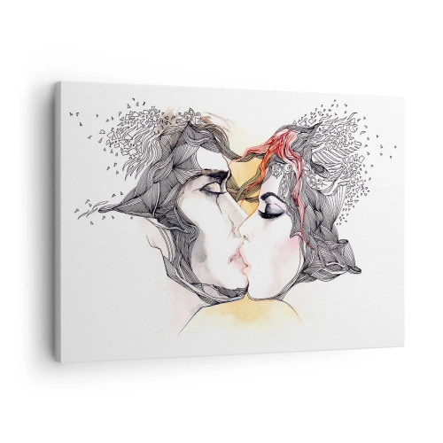 Quadro su tela - Stampe su Tela - Ritratto artistico di una coppia con motivi astratti sui capelli - 70x50cm - E il mondo scompare - Decorazione murale moderna per soggiorno e camera da letto ARTTOR