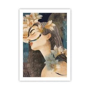 Poster - Profilo di una donna circondata da gigli su uno sfondo blu navy - 50x70cm - La favola della principessa con i gigli - Decorazione murale moderna per soggiorno e camera da letto ARTTOR