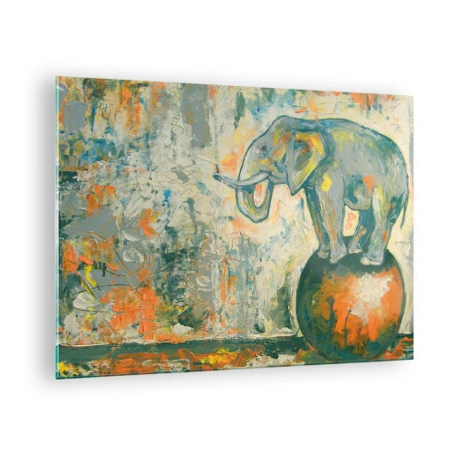 Quadro su vetro - Elefante astratto in equilibrio su una palla - 70x50cm - Evviva il circo! - Decorazione murale moderna per soggiorno e camera da letto ARTTOR