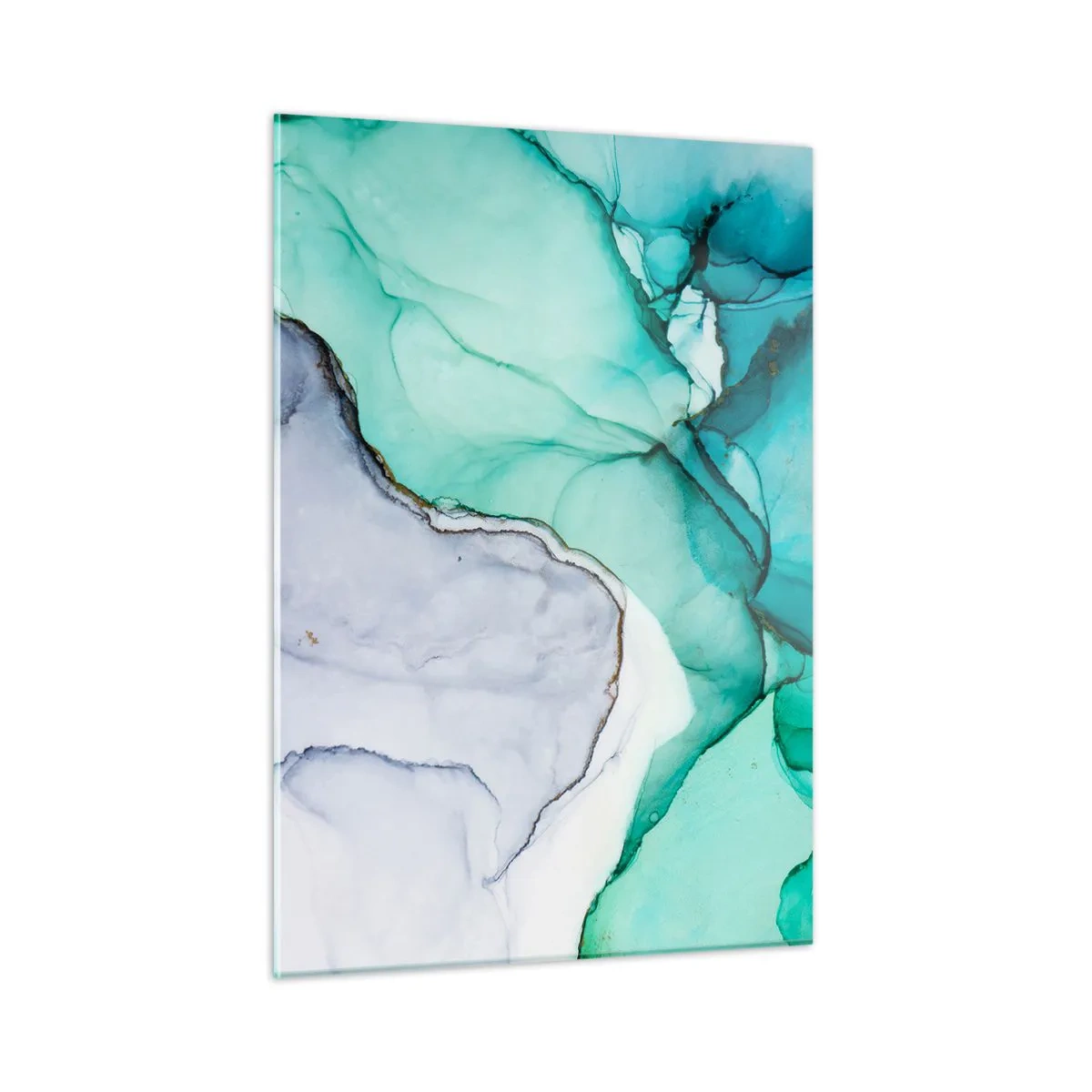 Quadro su vetro - Un dipinto astratto nei toni del turchese e del bianco, con delicate crepe. - 50x70cm - Studio in turchese - Decorazione murale moderna per soggiorno e camera da letto ARTTOR