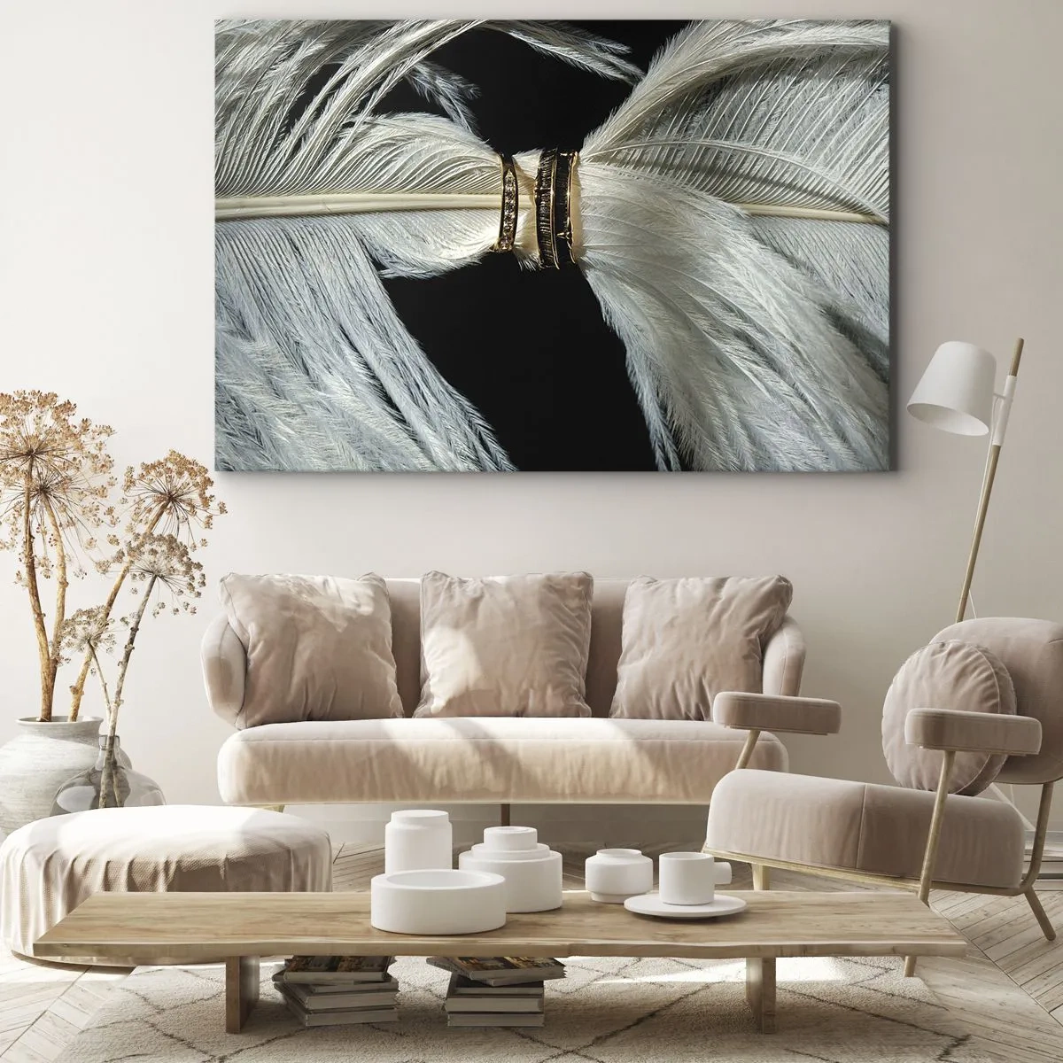 Quadro su tela - Stampe su Tela - Una piuma bianca con due anelli d'oro su uno sfondo nero - 70x50cm - ...e non ti lascerò... - Decorazione murale moderna per soggiorno e camera da letto ARTTOR