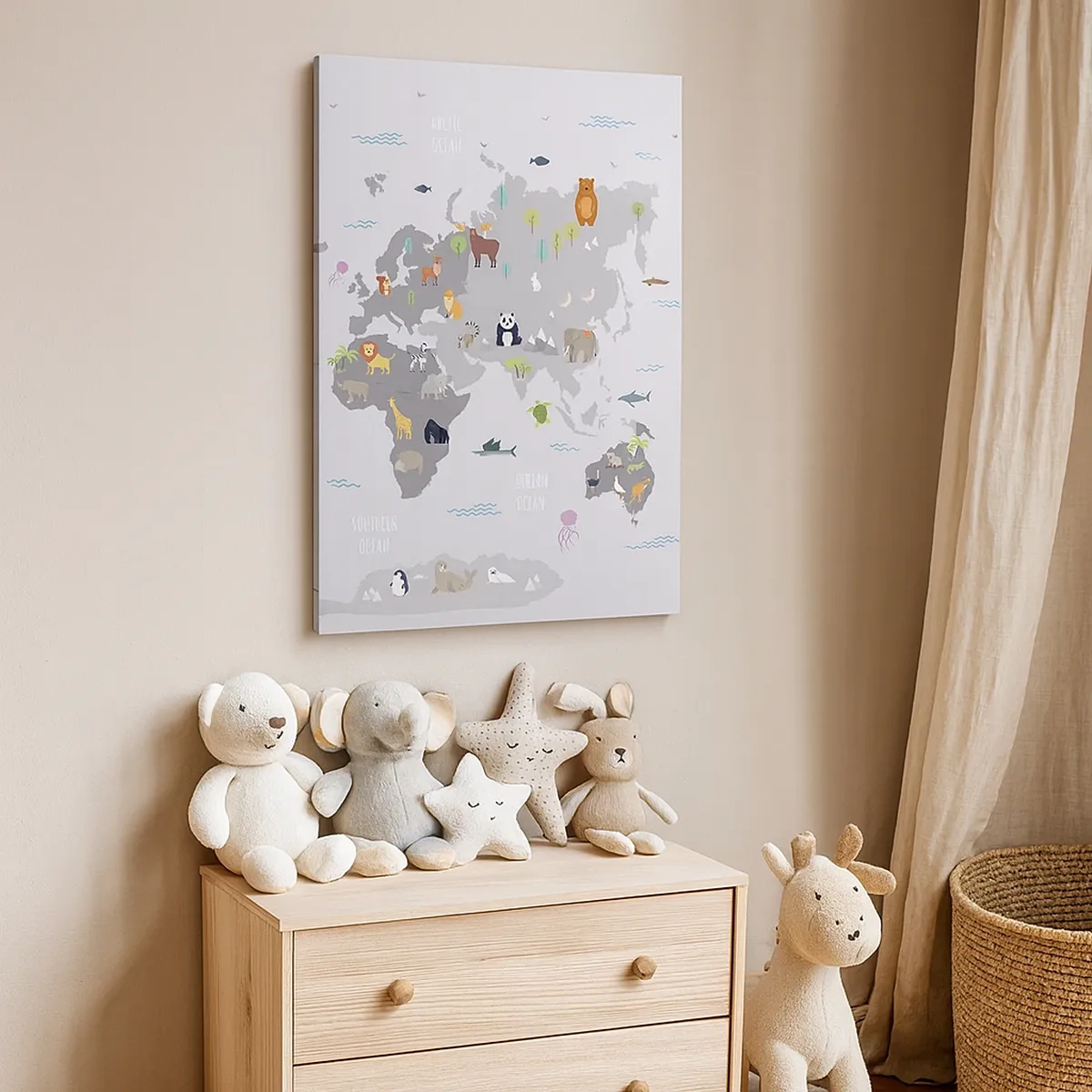 Quadro su tela - Stampe su Tela - Una mappa del mondo con illustrazioni di animali su uno sfondo grigio - 50x70cm - Dimmi di dove sei... - Decorazione murale moderna per soggiorno e camera da letto ARTTOR