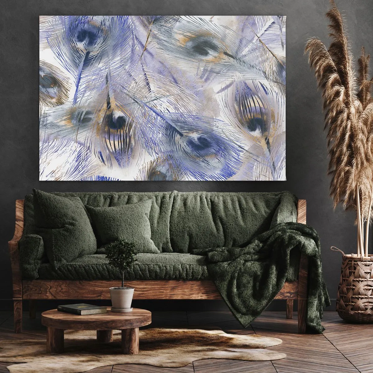 Quadro su tela - Stampe su Tela - Un motivo con piume di pavone nei toni del blu e dell'oro - 100x70cm - Composizione a occhio di pavone - Decorazione murale moderna per soggiorno e camera da letto ARTTOR