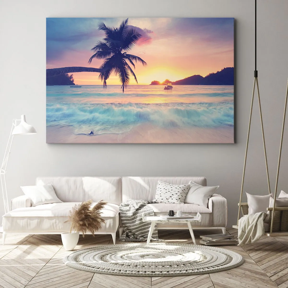 Quadro su tela - Stampe su Tela - Spiaggia con una palma e un tramonto sull'oceano - 120x80cm - Sera nell'insenatura - Decorazione murale moderna per soggiorno e camera da letto ARTTOR