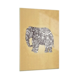 Quadro su vetro - Elefante bianco e nero con motivi orientali su sfondo beige - 50x70cm - L'elefante nascosto - Decorazione murale moderna per soggiorno e camera da letto ARTTOR