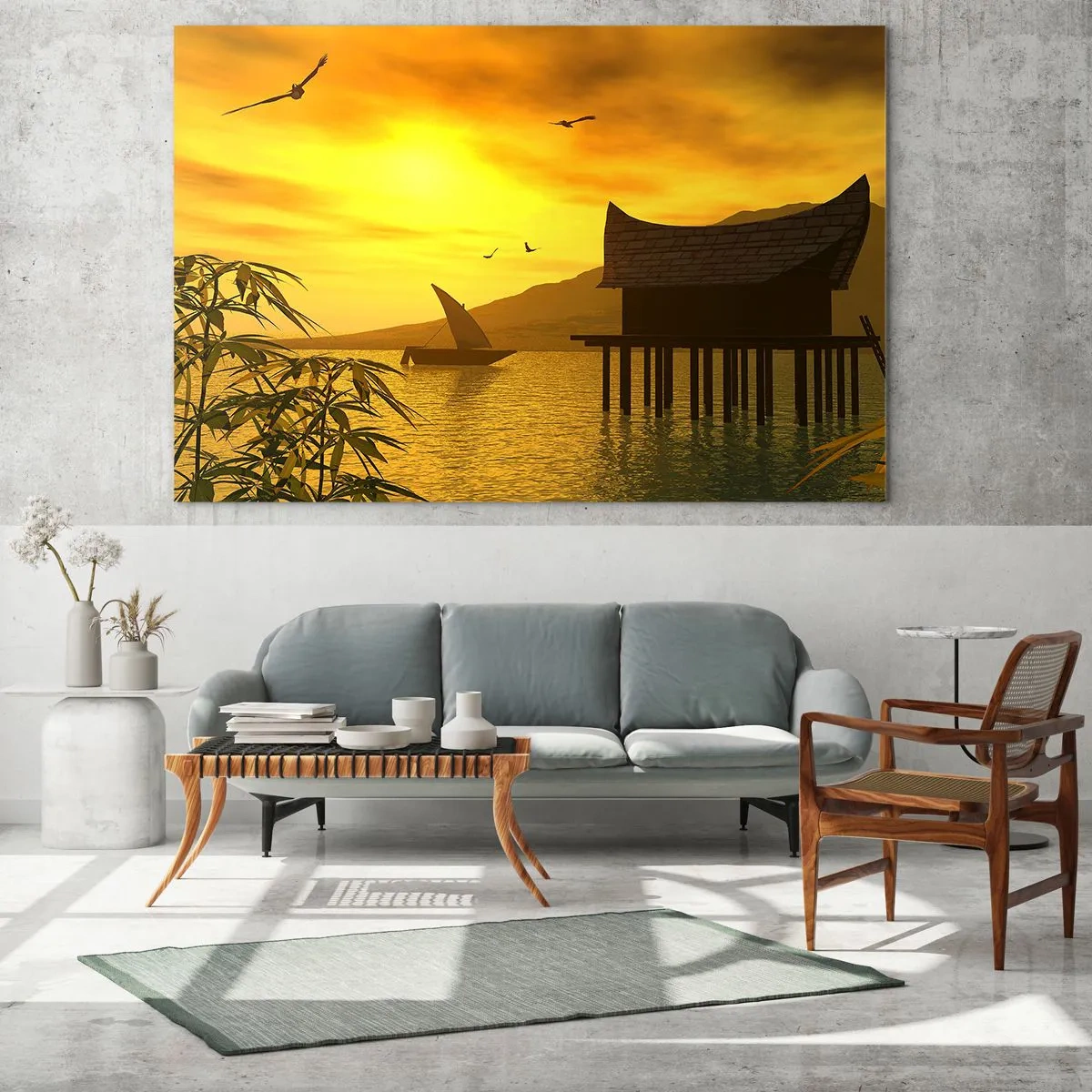 Quadro su vetro - Tramonto sul lago con una casa su palafitte - 70x50cm - Calma desiderata - Decorazione murale moderna per soggiorno e camera da letto ARTTOR