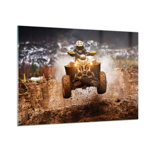 Quadro su vetro - Quad in azione su terreni fangosi in un ambiente dinamico - 100x70cm - No risk no fun - Decorazione murale moderna per soggiorno e camera da letto ARTTOR