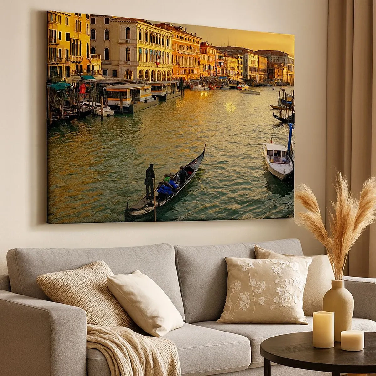 Quadro su tela - Stampe su Tela - Gondola su un canale di Venezia al tramonto - 70x50cm - Sul lato assolato della strada - Decorazione murale moderna per soggiorno e camera da letto ARTTOR