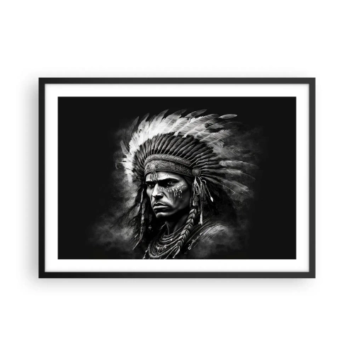 Poster in cornice nera - Ritratto di un capo con un copricapo piumato su sfondo nero - 70x50cm - Capo e guerriero - Decorazione murale moderna per soggiorno e camera da letto ARTTOR