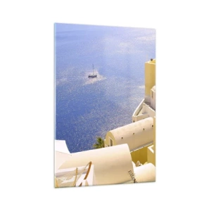 Quadro su vetro - Architettura greca con vista sul mare e una barca sullo sfondo - 70x100cm - Paesaggio greco in bianco e blu - Decorazione murale moderna per soggiorno e camera da letto ARTTOR
