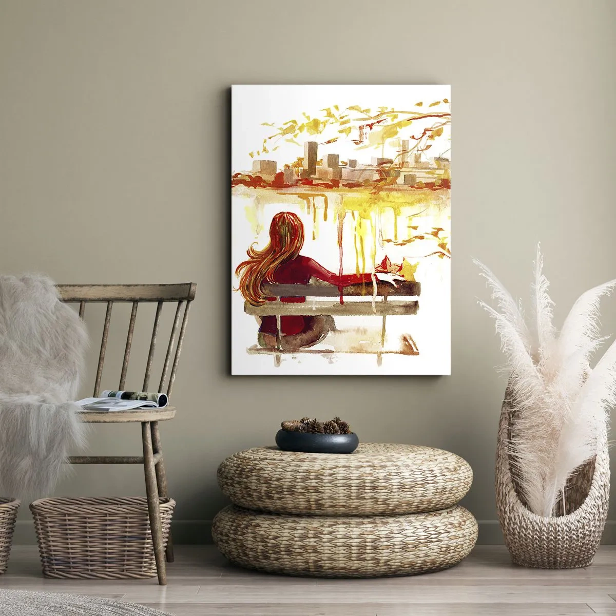 Quadro su tela - Stampe su Tela - Scena ad acquerello di una donna su una panchina con vista sulla città - 70x100cm - Un momento di riflessione - Decorazione murale moderna per soggiorno e camera da letto ARTTOR