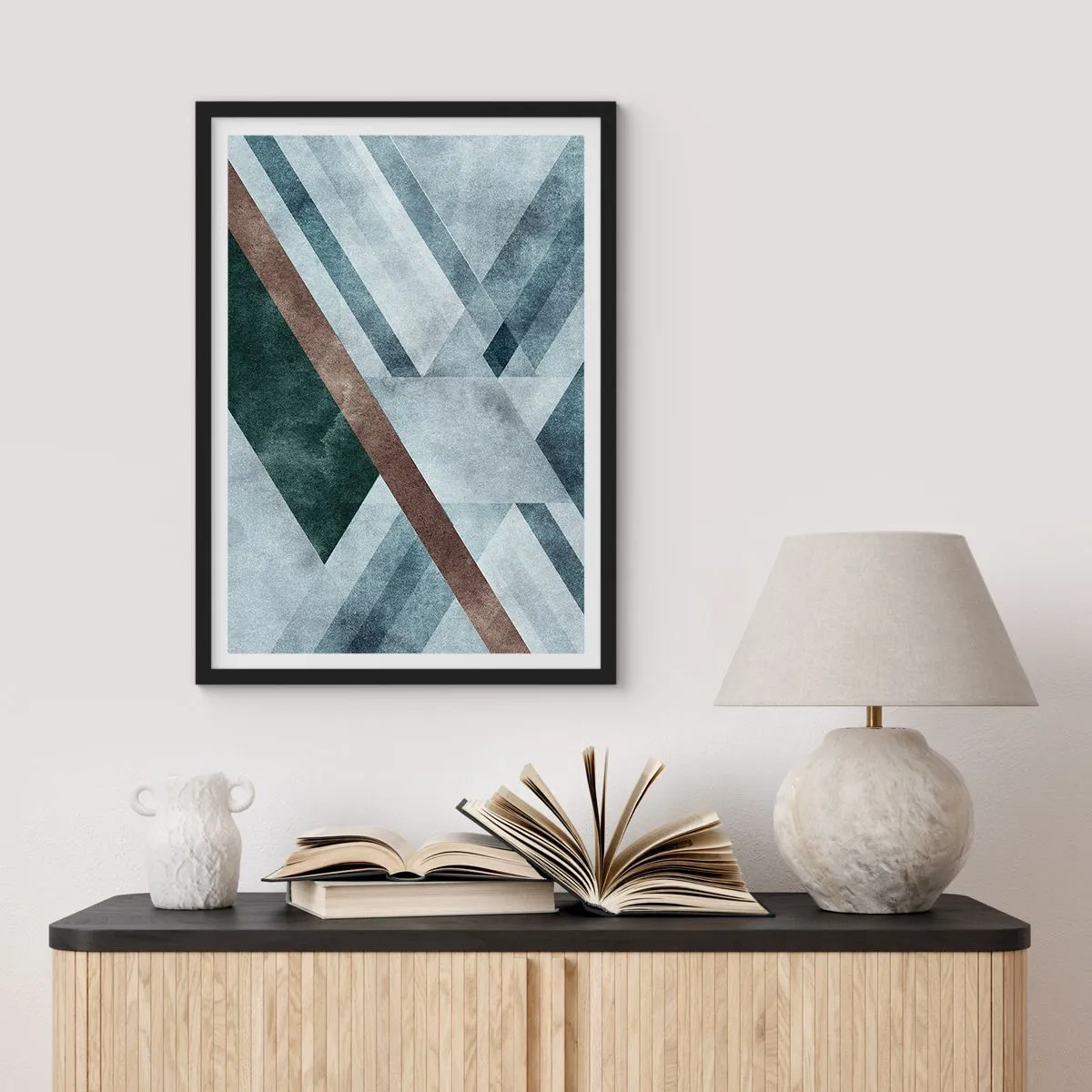 Poster in cornice nera - Composizione geometrica nei toni del blu e del marrone - 50x70cm - La ricercata eleganza della geometria - Decorazione murale moderna per soggiorno e camera da letto ARTTOR