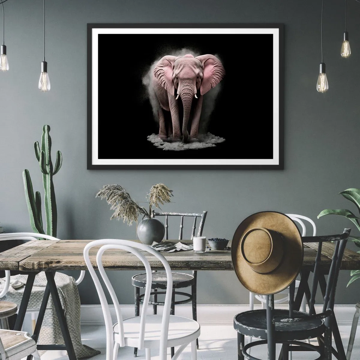 Poster in cornice nera - Un'interpretazione artistica di un elefante rosa su sfondo nero - 100x70cm - Non pensare all'elefante rosa! - Decorazione murale moderna per soggiorno e camera da letto ARTTOR