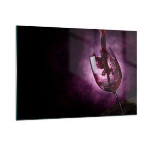 Quadro su vetro - Vino rosso versato in un bicchiere su uno sfondo viola - 120x80cm - Scarlatto? Carminio? No, rubino - Decorazione murale moderna per soggiorno e camera da letto ARTTOR