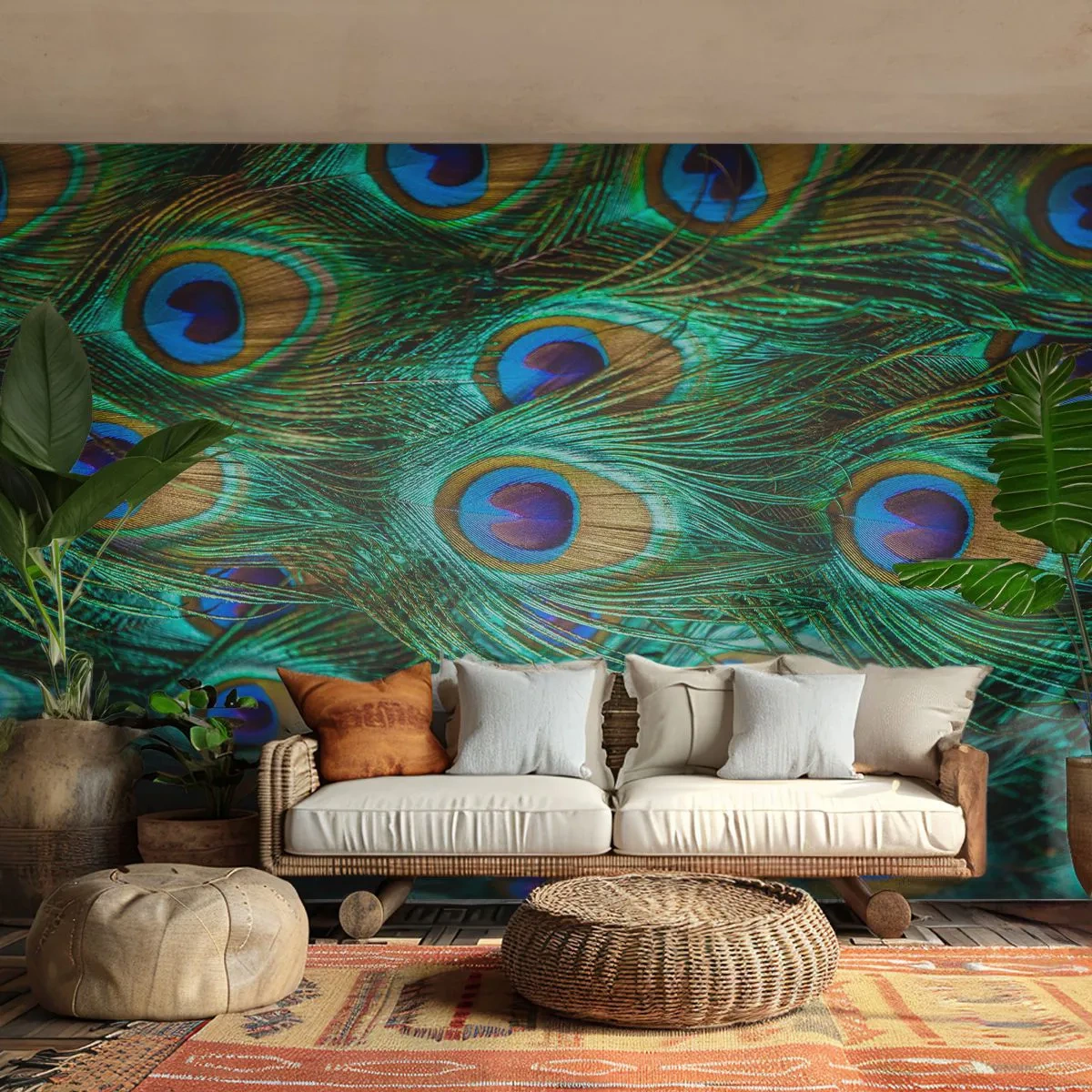 Fotomurali Standard Eco - Dettaglio delle piume di pavone con un motivo e colori distintivi degli occhi - 100x70cm - Lo sguardo del pavone - Decorazione murale moderna per soggiorno e camera da letto ARTTOR