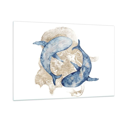 Quadro su vetro - Due balene blu su uno sfondo di macchie dorate astratte - 120x80cm - Amicizia o amore? - Decorazione murale moderna per soggiorno e camera da letto ARTTOR