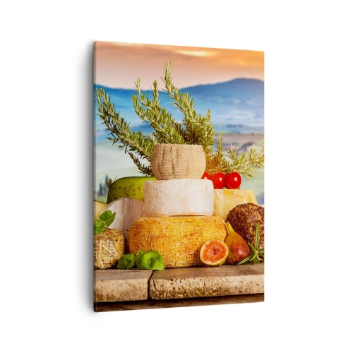 Quadro su tela - Stampe su Tela - Una composizione di formaggi e frutta sullo sfondo del paesaggio toscano - 50x70cm - La gioia italiana della vita - Decorazione murale moderna per soggiorno e camera da letto ARTTOR
