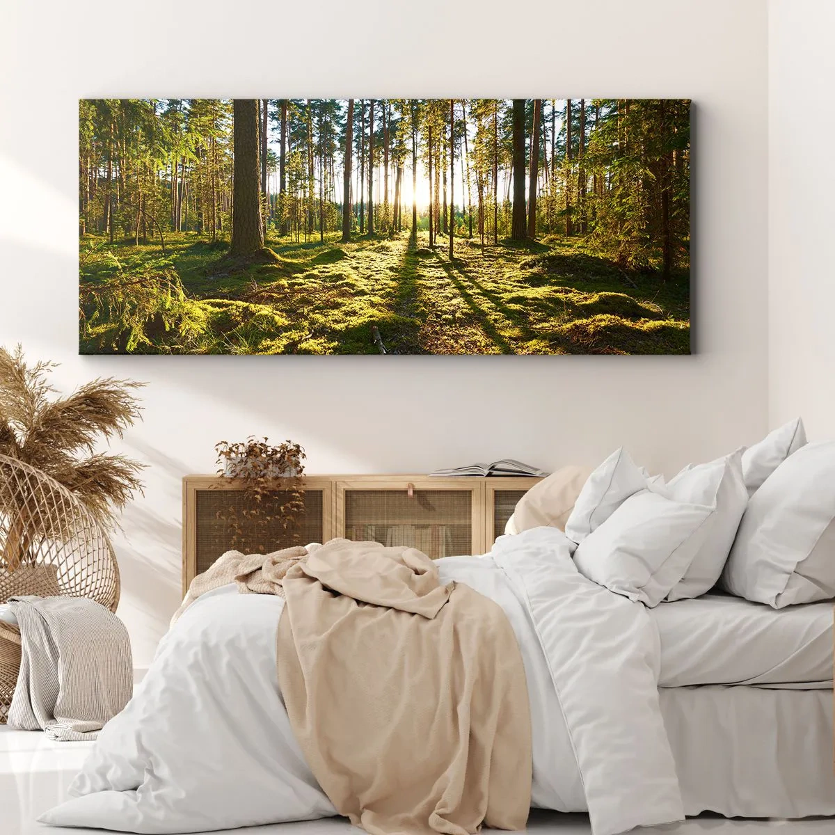 Quadro su tela - Stampe su Tela - Foresta verde illuminata dalla luce del sole sul muschio - 140x50cm - …dopo sette foreste - Decorazione murale moderna per soggiorno e camera da letto ARTTOR