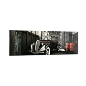 Quadro su vetro - Elegante auto retrò in un magazzino grezzo - 160x50cm - L'eleganza eterna degli anni '30 - Decorazione murale moderna per soggiorno e camera da letto ARTTOR