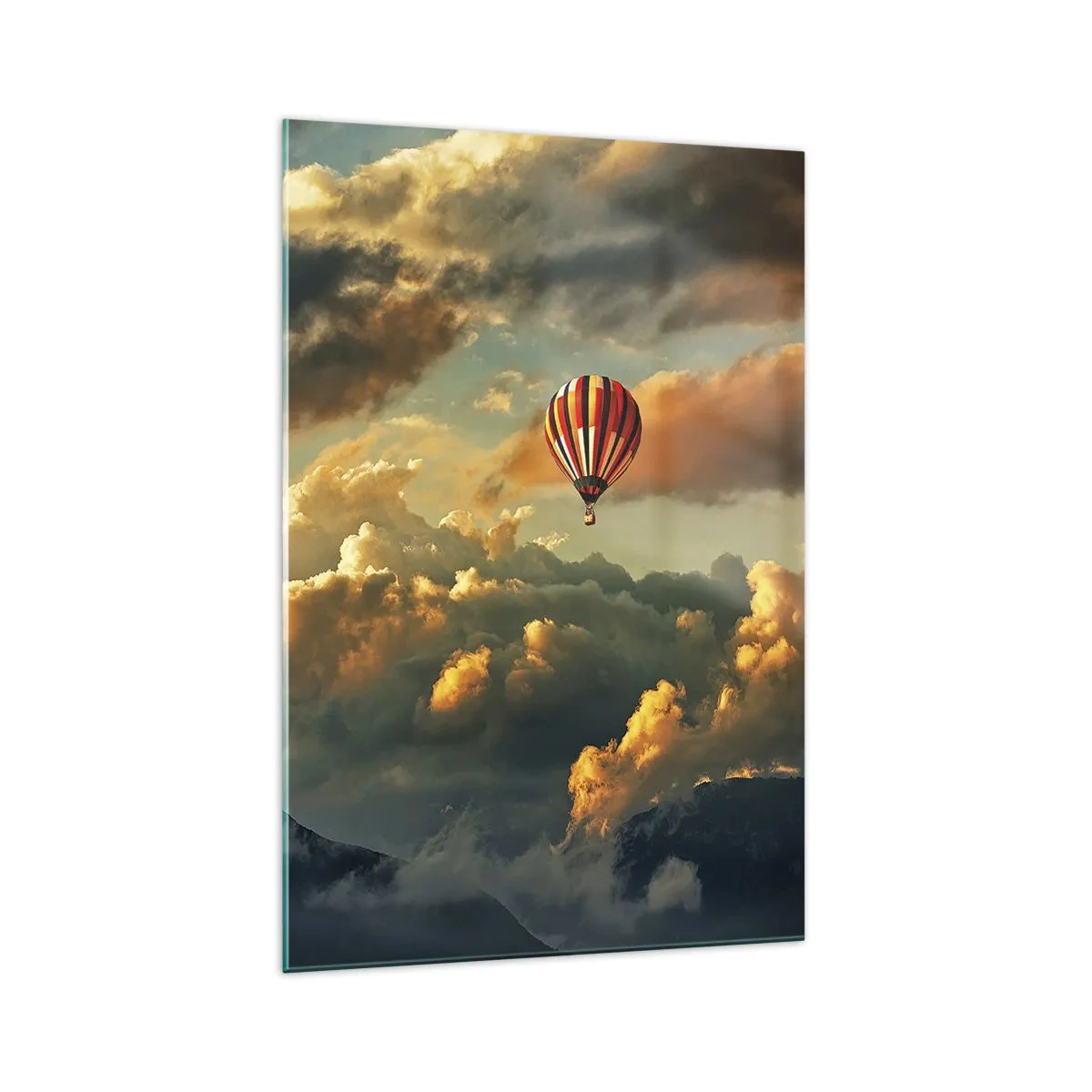 Quadro su vetro - Un pallone sullo sfondo di nuvole spettacolari - 70x100cm - Volo perché voglio - Decorazione murale moderna per soggiorno e camera da letto ARTTOR