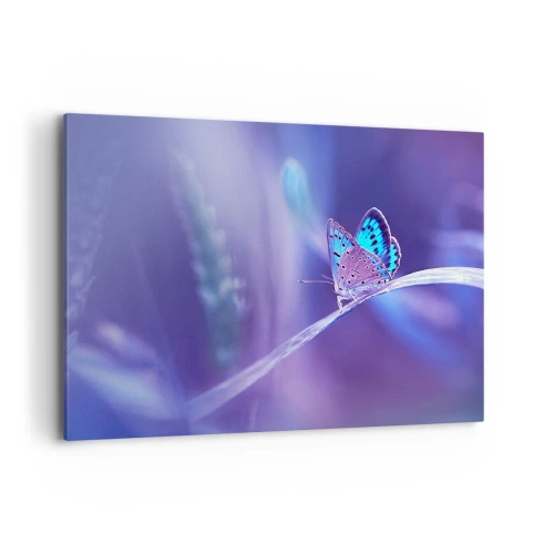 Quadro su tela - Stampe su Tela - Una delicata farfalla blu su uno stelo in luce viola - 100x70cm - Gioielli della natura - Decorazione murale moderna per soggiorno e camera da letto ARTTOR