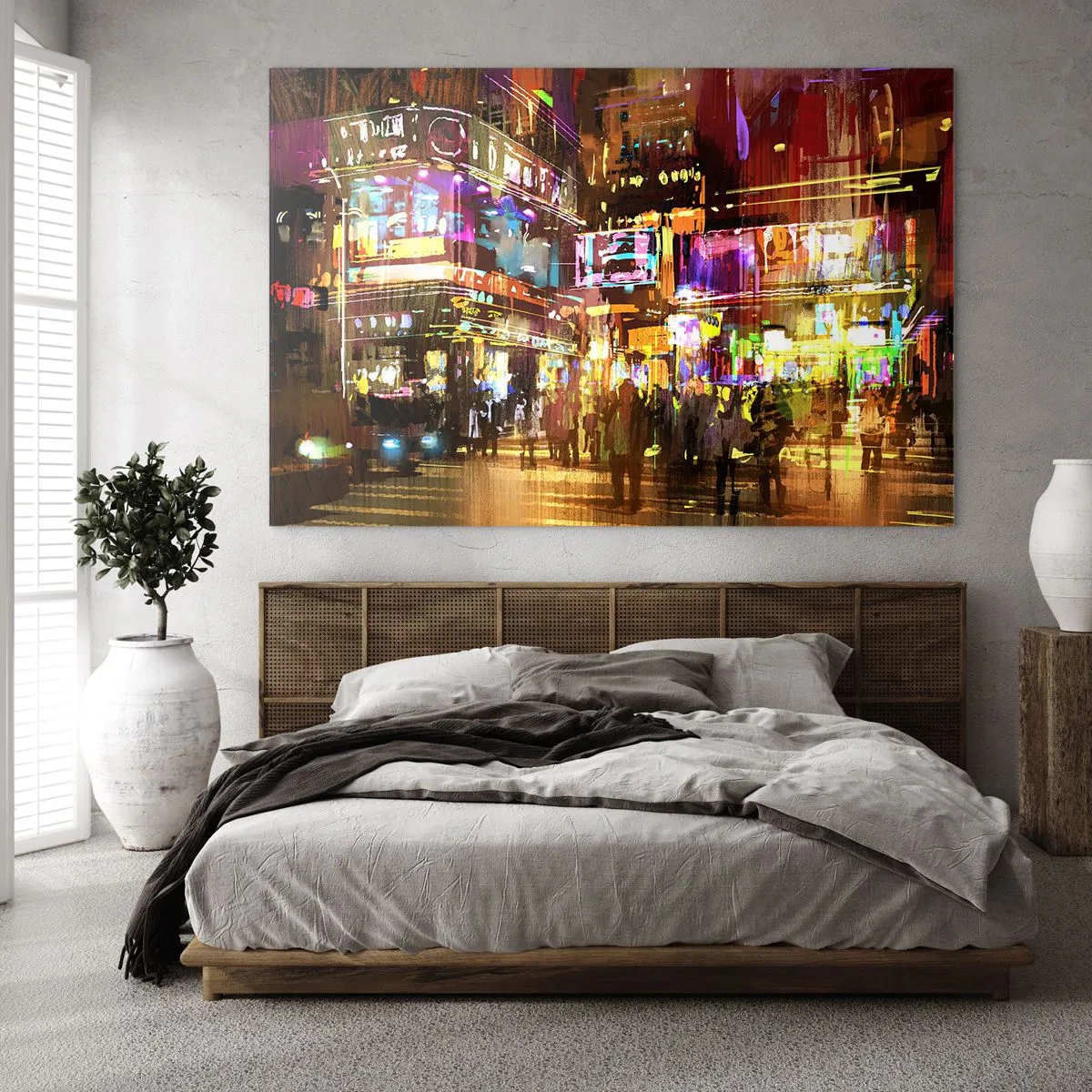 Quadro su vetro - Una città vibrante alla luce del neon - 70x50cm - Nel mare di luce - Decorazione murale moderna per soggiorno e camera da letto ARTTOR