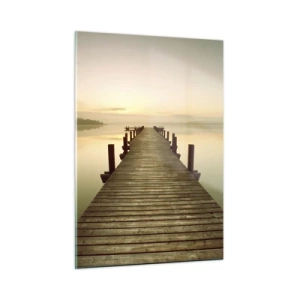 Quadro su vetro - Un molo di legno su un lago calmo all'alba - 50x70cm - Aurora, alba, luce - Decorazione murale moderna per soggiorno e camera da letto ARTTOR
