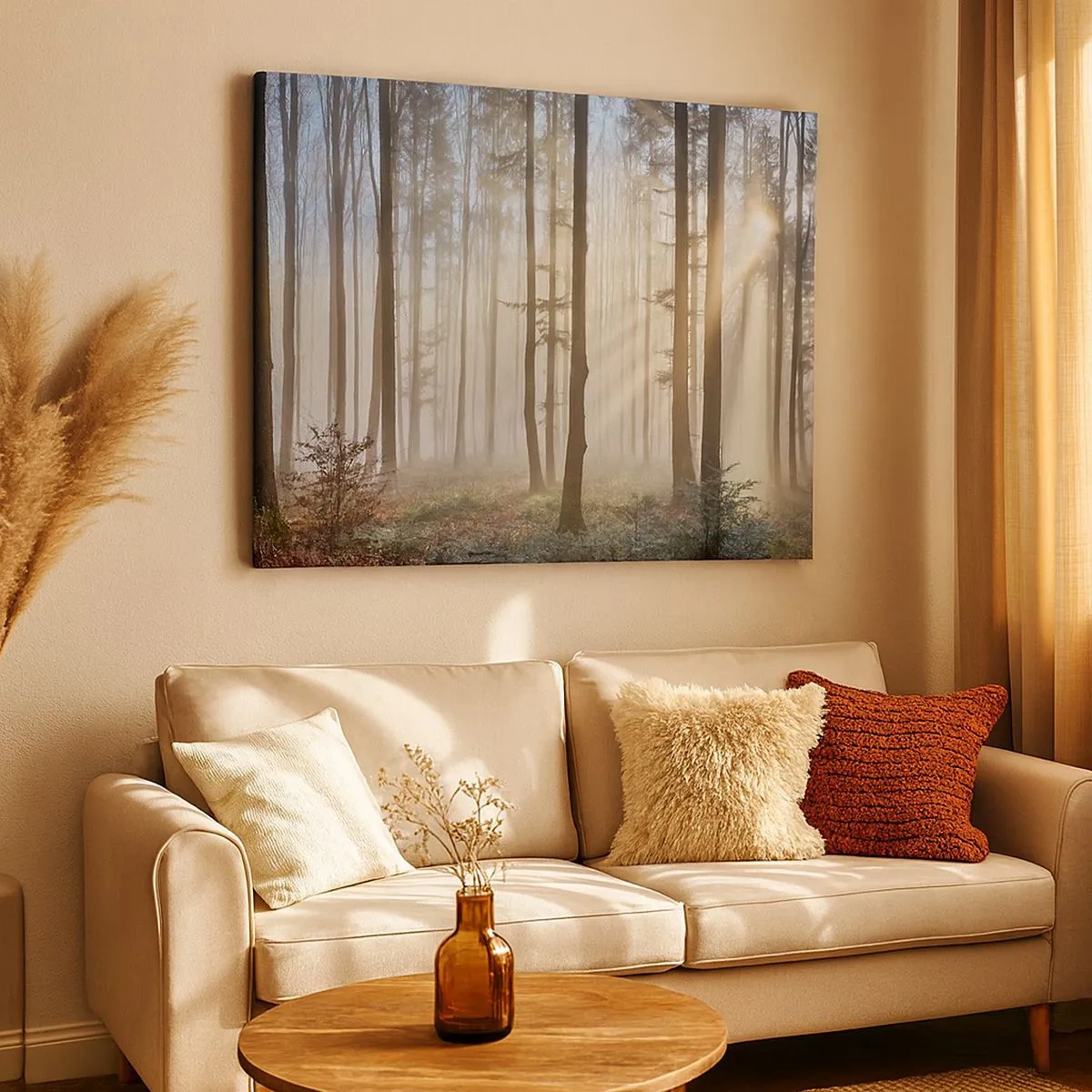 Quadro su tela - Stampe su Tela - Una foresta in una leggera nebbia con raggi di sole che brillano attraverso gli alberi - 70x50cm - Anche la nebbia si è svegliata - Decorazione murale moderna per soggiorno e camera da letto ARTTOR