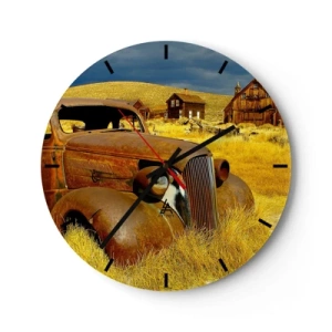 Orologio da parete - Orologio in Vetro - Una vecchia macchina arrugginita sullo sfondo di un villaggio abbandonato - 30x30cm - Meritato riposo - Decorazione murale moderna per soggiorno, cucina e camera da letto ARTTOR