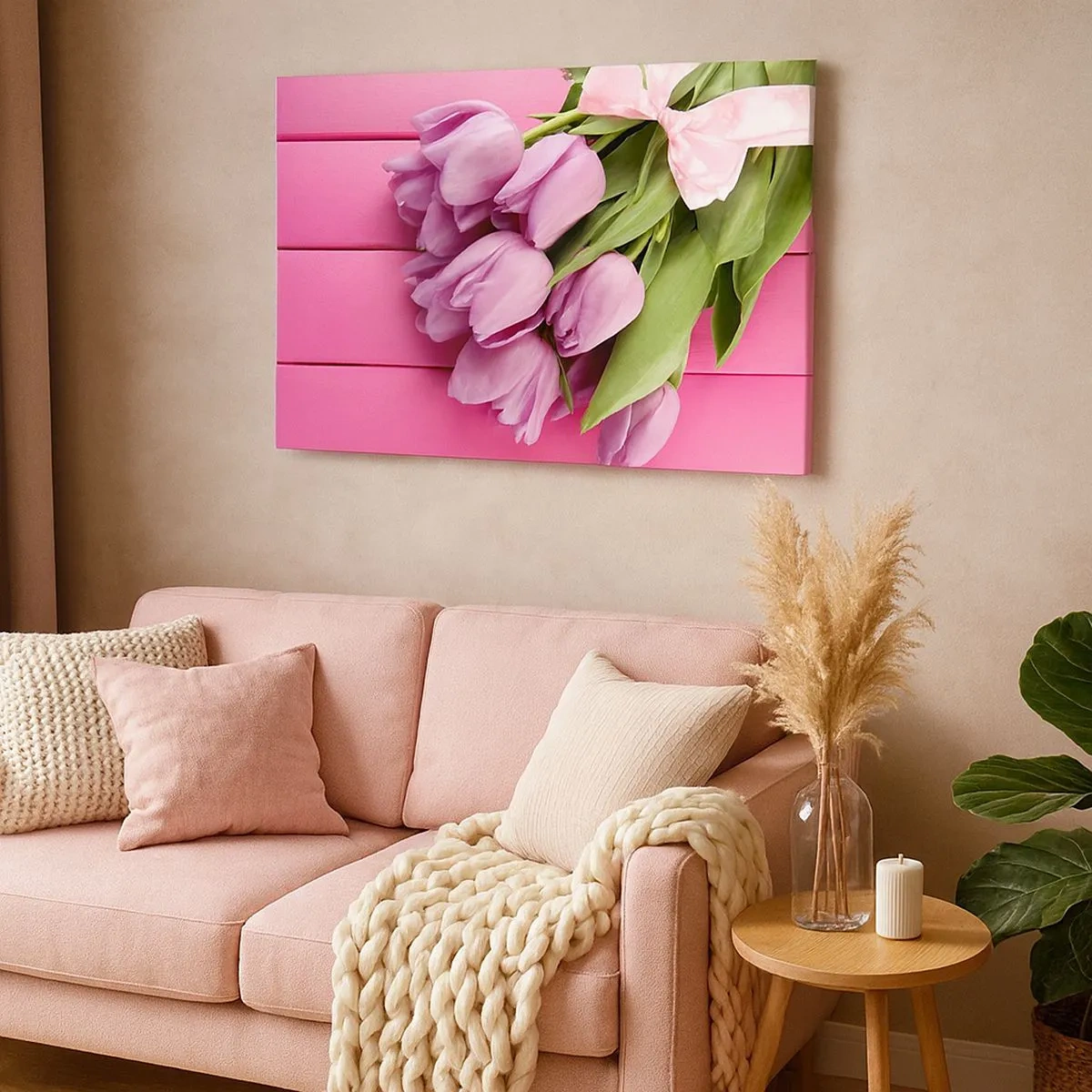 Quadro su tela - Stampe su Tela - Un mazzo di tulipani rosa con un fiocco su uno sfondo rosa - 70x50cm - Proprio per te - Decorazione murale moderna per soggiorno e camera da letto ARTTOR