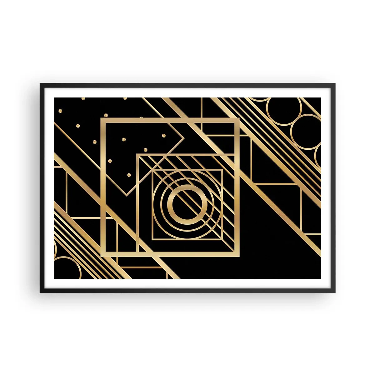 Poster in cornice nera - Motivi geometrici dorati su sfondo nero - 100x70cm - Geometria dorata - Decorazione murale moderna per soggiorno e camera da letto ARTTOR