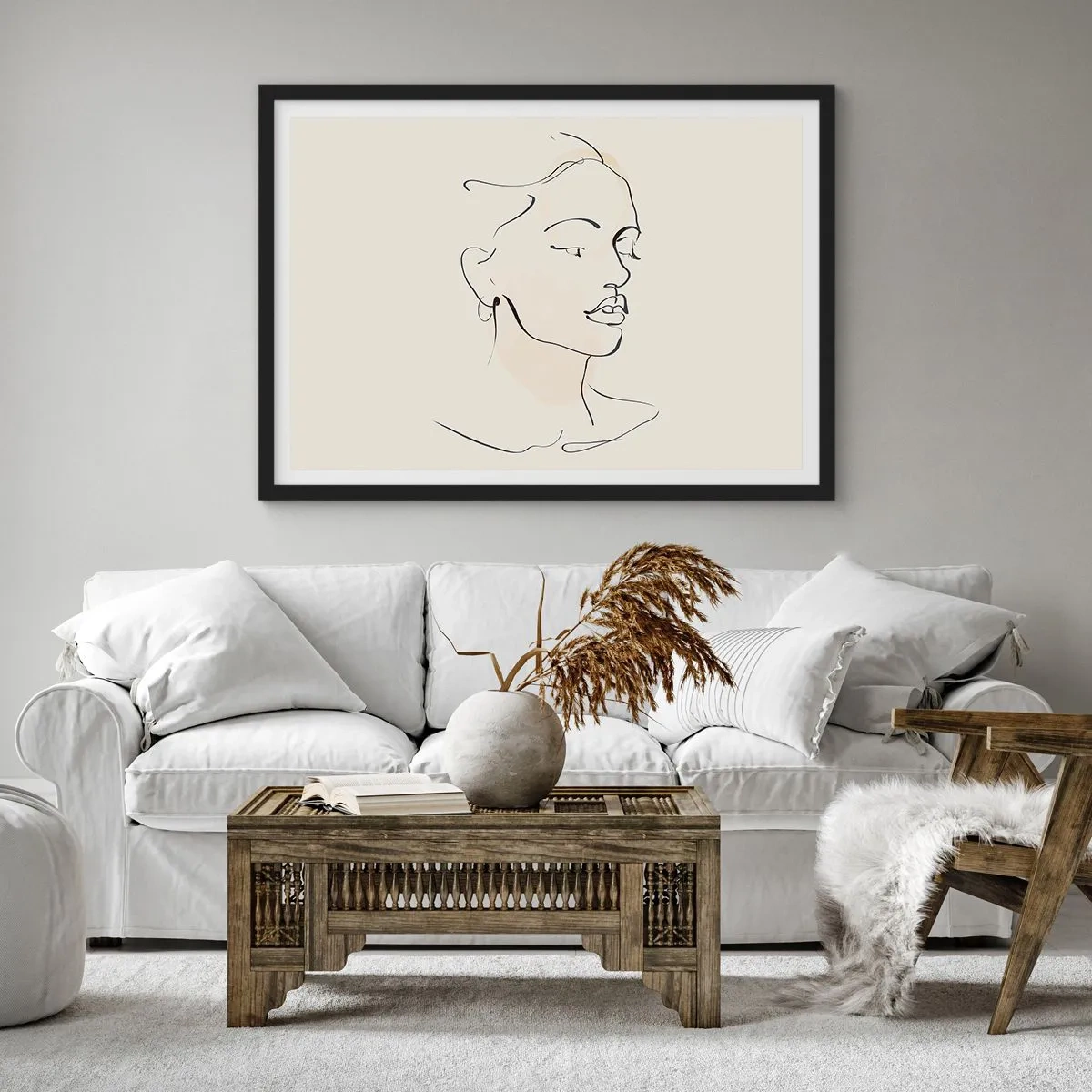 Poster in cornice nera - Uno schizzo delicato del volto di una donna su uno sfondo chiaro - 70x50cm - Linea sicura - Decorazione murale moderna per soggiorno e camera da letto ARTTOR