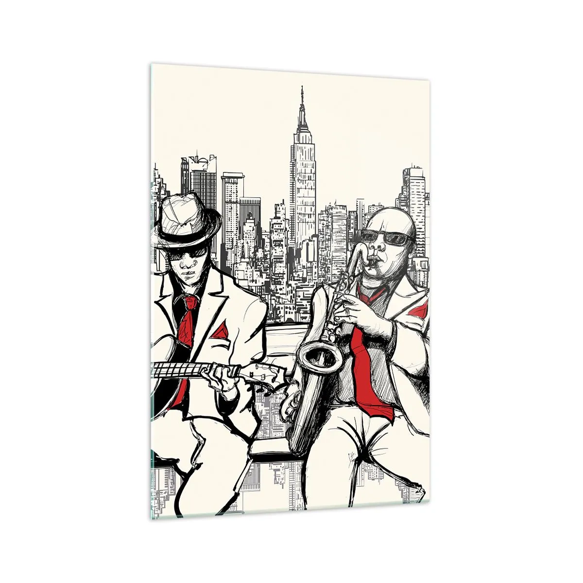 Quadro su vetro - Un duo jazz con sassofono e chitarra sullo sfondo della città - 70x100cm - Improvvisare a New York - Decorazione murale moderna per soggiorno e camera da letto ARTTOR