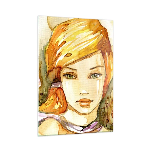 Quadro su vetro - Ritratto di una donna in stile acquerello con astrazione - 50x70cm - Sguardo di smeraldo, che calma l'ira - Decorazione murale moderna per soggiorno e camera da letto ARTTOR