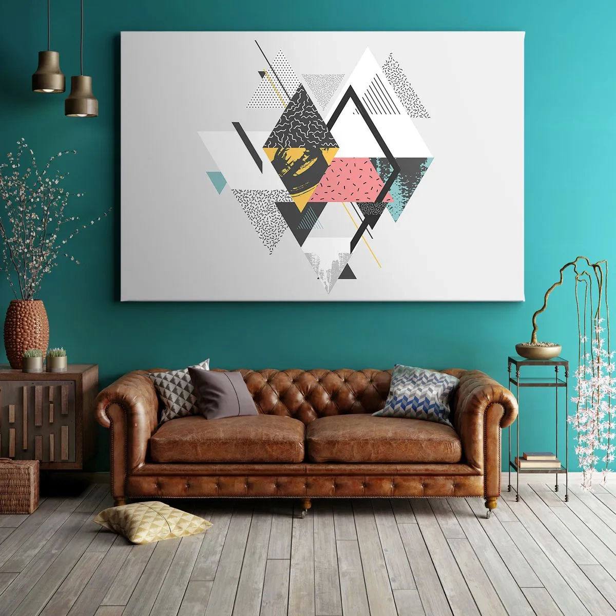 Quadro su tela - Stampe su Tela - Motivi geometrici su sfondo chiaro - 120x80cm - Variazione con triangoli e rombi - Decorazione murale moderna per soggiorno e camera da letto ARTTOR