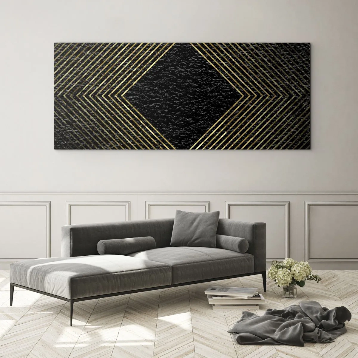 Quadro su vetro - Sfondo nero con motivo geometrico di linee dorate - 140x50cm - Geometria in stile glamour - Decorazione murale moderna per soggiorno e camera da letto ARTTOR