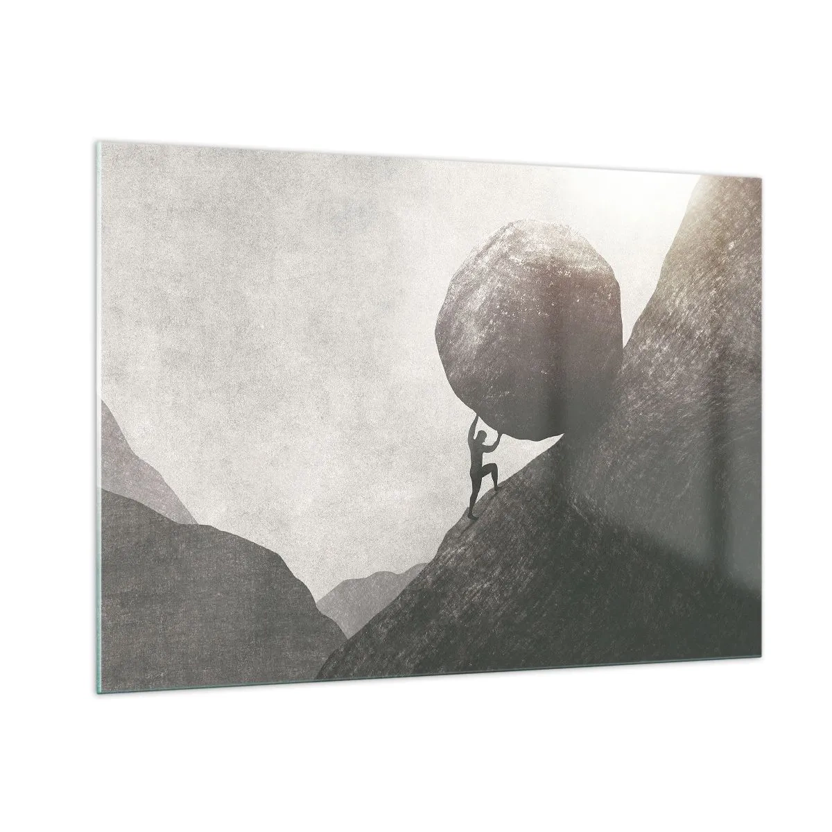 Quadro su vetro - Una figura che spinge un masso in salita contro un paesaggio montuoso - 100x70cm - Credo contro ogni speranza - Decorazione murale moderna per soggiorno e camera da letto ARTTOR