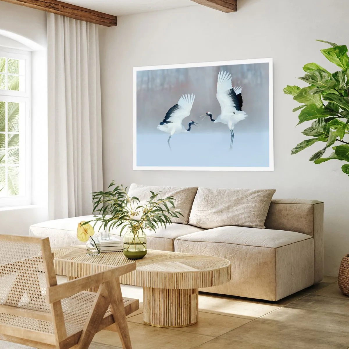 Poster - Due gru che danzano in un paesaggio nebbioso - 100x70cm - Danza nella nebbia - Decorazione murale moderna per soggiorno e camera da letto ARTTOR